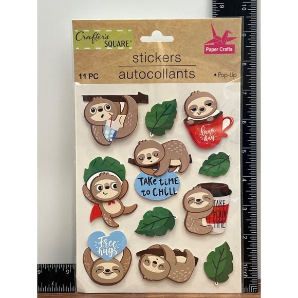 CRAFTERS SQUARE SET OF 11 SLOTH COFFEE HUG DIMENSIONAL STICKERS EMBELLISHMENT - Picture 3 of 3